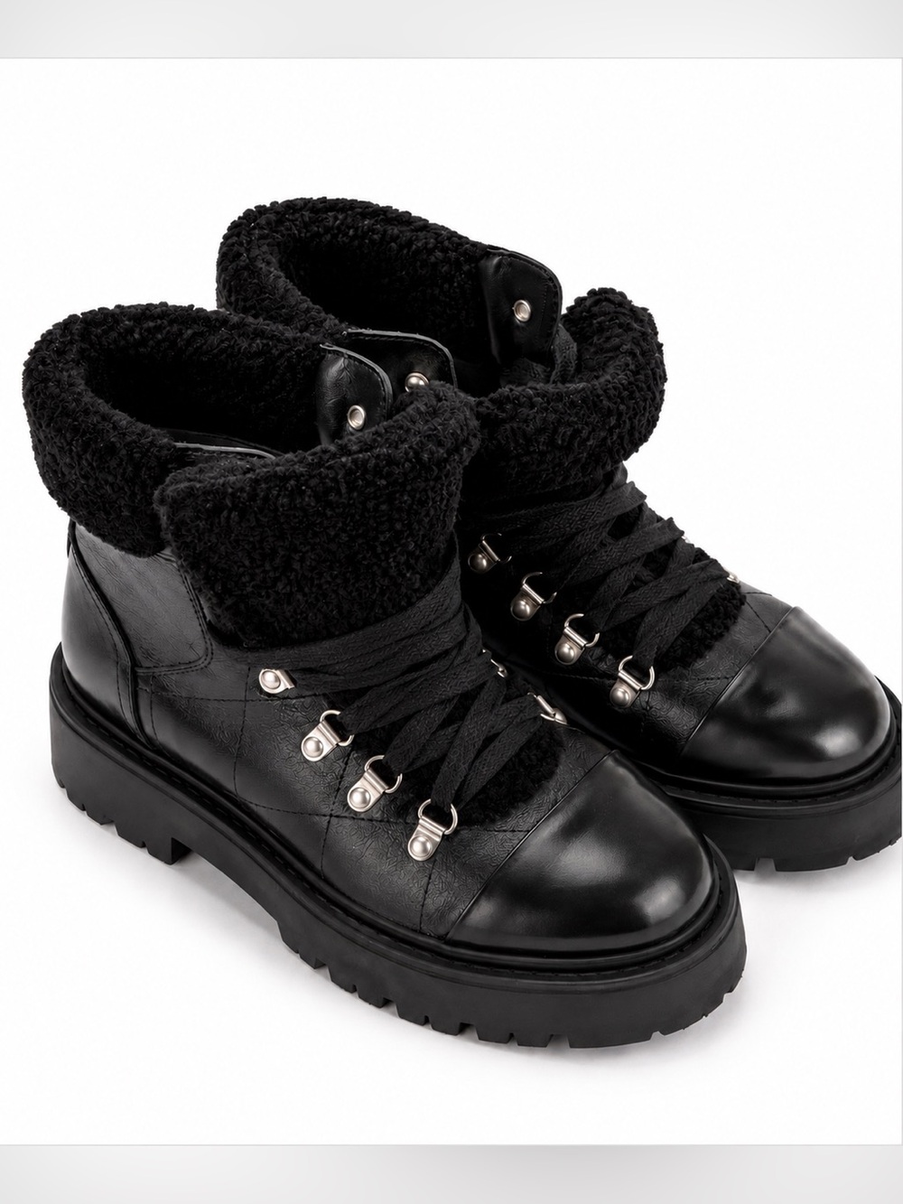 Steve Madden Reyen Black Leather Hiker Combat Boots Lug Sole Fur Collar 8.5 NWOB